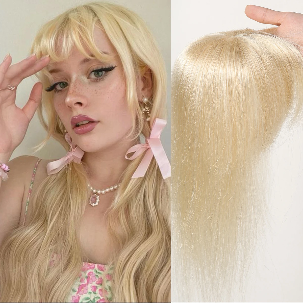 613# Blonde Human Hair Toppers For Women Silk Base Clips In Toppers With Fringe 12 Inch Straight Hair Piece for Thinning Hair