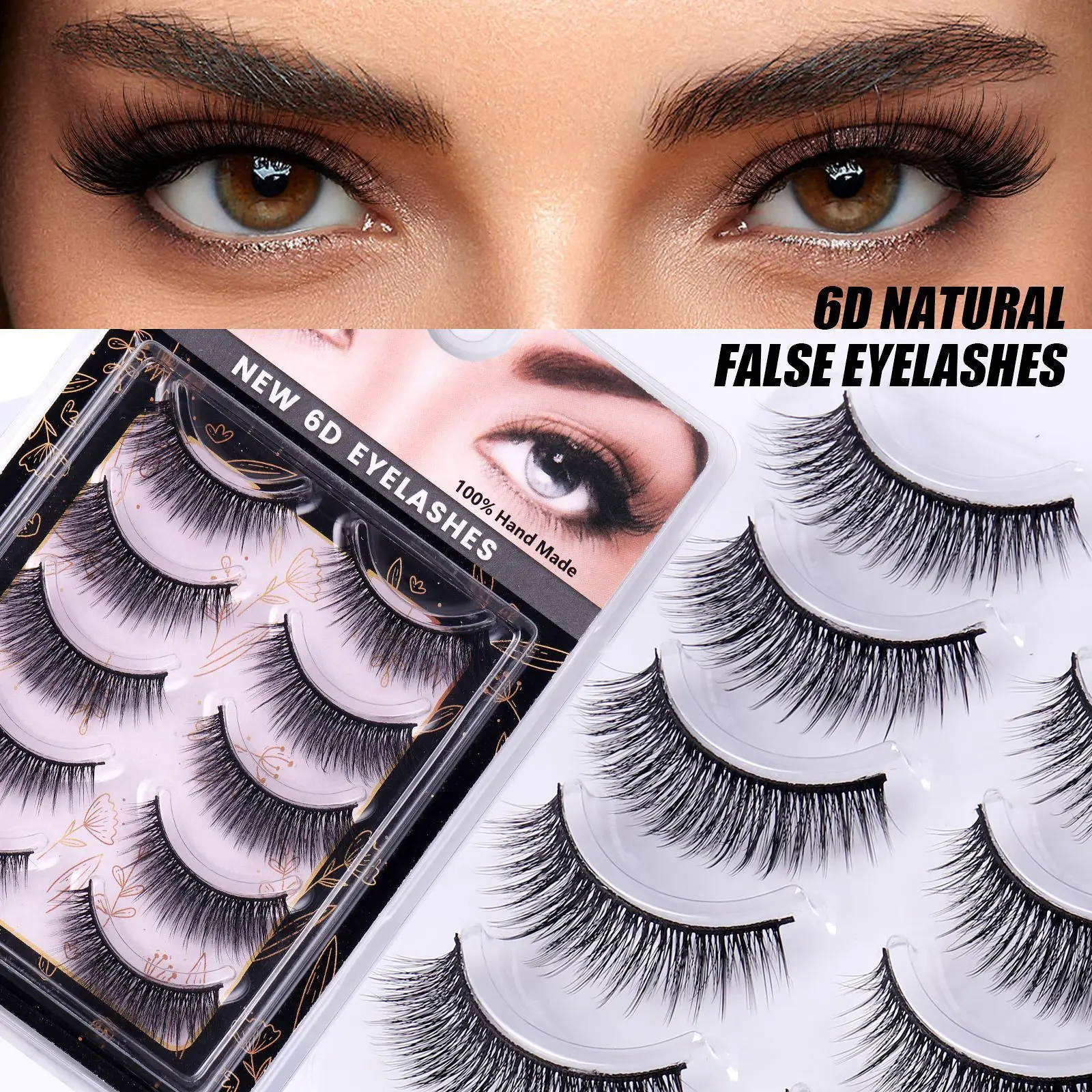 Natural Soft Fluffy Cílios, Wispy Full Strip Lashes, Faux Mink, Wispy Extensão, Ferramenta de Maquiagem, 6D, 5 Pares