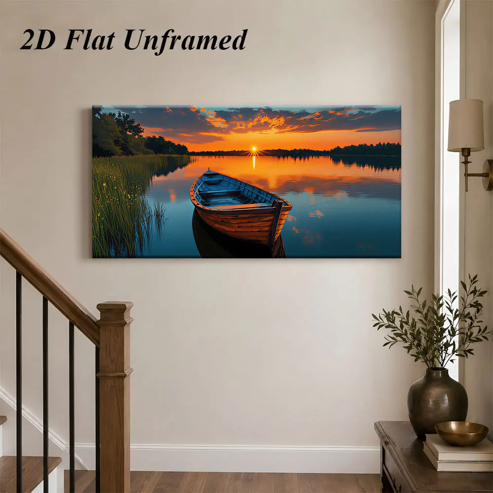 1 peaceful lake boat sunset scenery frameless decorative painting modern minimalist wall painting 2D plan