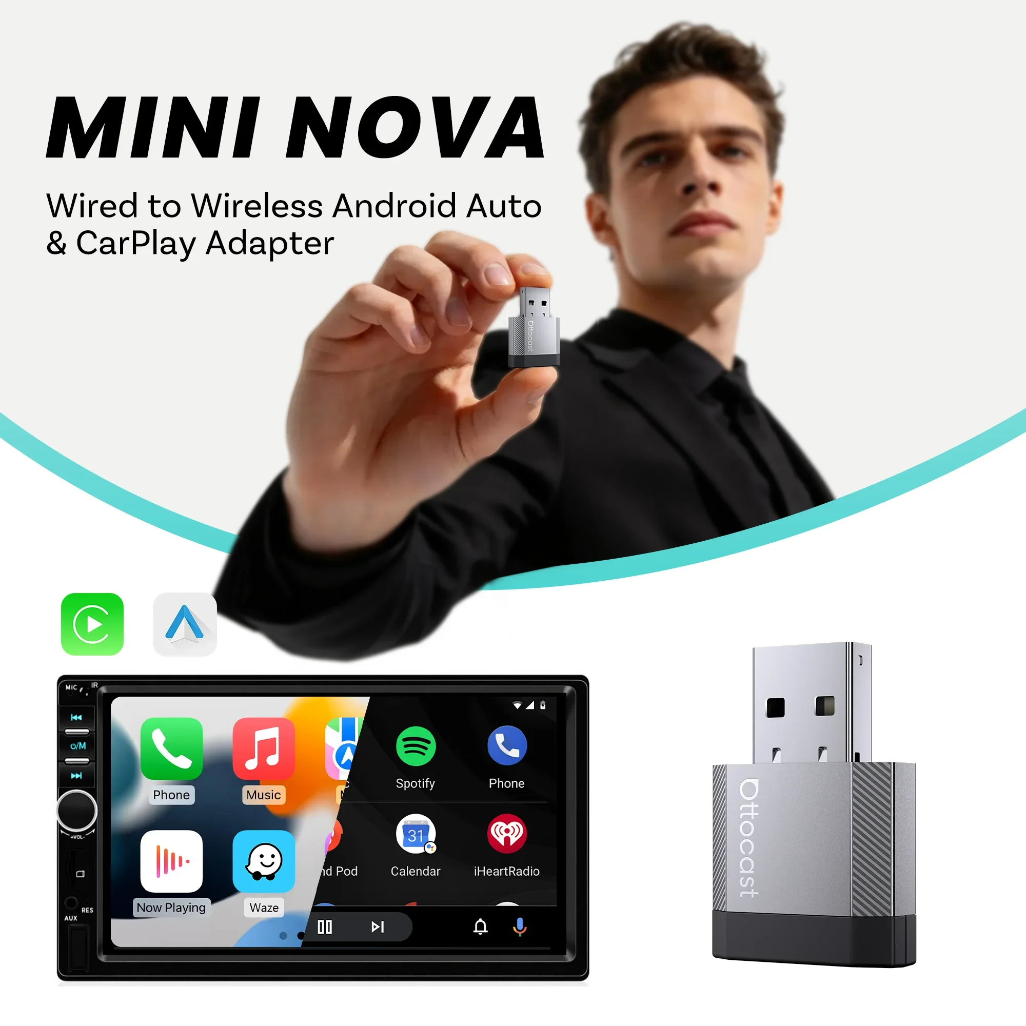 OTTOCAST Mini Nova Wired to Wireless 2 in 1 CarPlay Android Auto Adapter Dongle Car Accessories for Benz Audi VW Kia Toyota