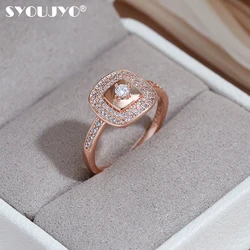 SYOUJYO Shiny Natural Zircon Full Paved Square Rings For Women Elegant Bride Wedding Fine Jewelry 585 Rose Gold Color Rings Gift