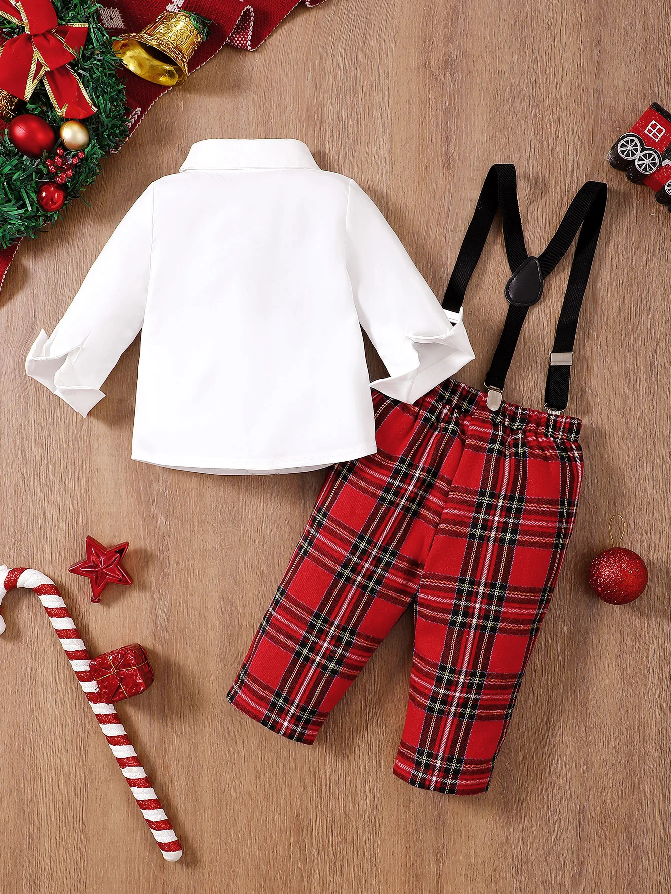 2Pcs Christmas Baby Boy Outfit Set Plaid Shirt + Suspender Pants + Bow Tie Autumn Formal Infant Clothes 2-3 Years
