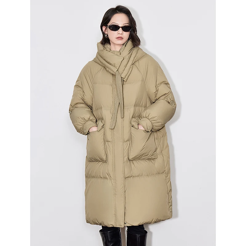 TOYOUTH Women Down Jacket 2024 Winter 90% White Duck Fox Collar Thick Hooded Coat Horn Button Warm Long Overcoat