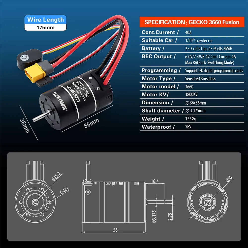 ROCKET RC GECKO 3660 FUSION FOC 2IN1 1800KV Motor 40A ESC Brushless Sensored System 2-3S LiPo IP67 Waterproof For 1/10 RC Cars view 4