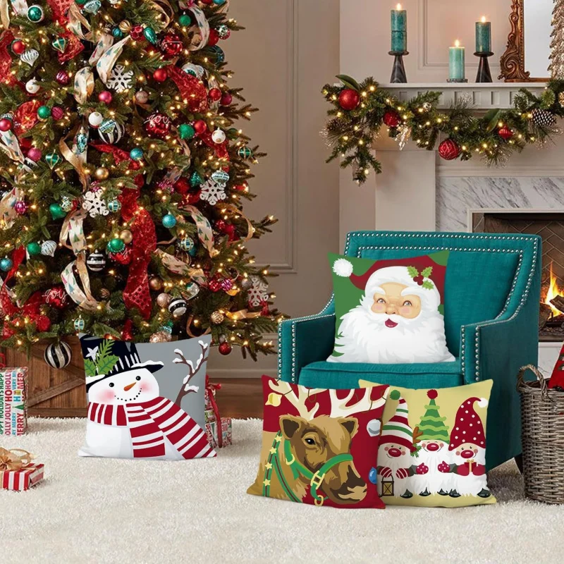 Christmas Santa Claus Throw Pillow Covers Gnomes Snowman Reindeer for Sofa Couch Winter Holiday Decor Set of 4