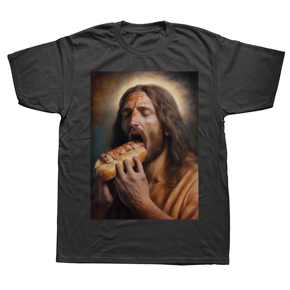 Jesus loves hot dogs T-Shirt Funny HotDogs Meme Graphic Tee Shirt Men Fashion Vintage Euro Size Cotton T-shirt Unisex Streetwear