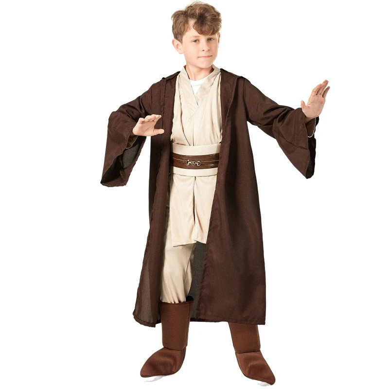 

Jedi Knight Costume Kids Boys Outfit Tunic Hooded Robe Pants Belt Shoes Cover Halloween Cosplay Costume 3-12 Years Old