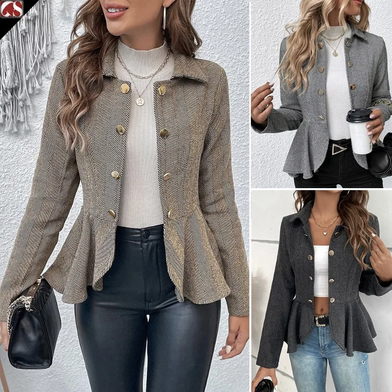 Women's Lapel Suit Jacket Jacquard Ruffle Edge Slim Fitting Jacket Fashion Double Breasted Temperament Office Women's Jacket