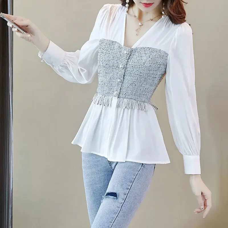 Women's Top 2021 New Spring and Autumn Korean Harajuku Women's White V-neck Hem Long-sleeved Button Long-sleeved Chiffon Shirt