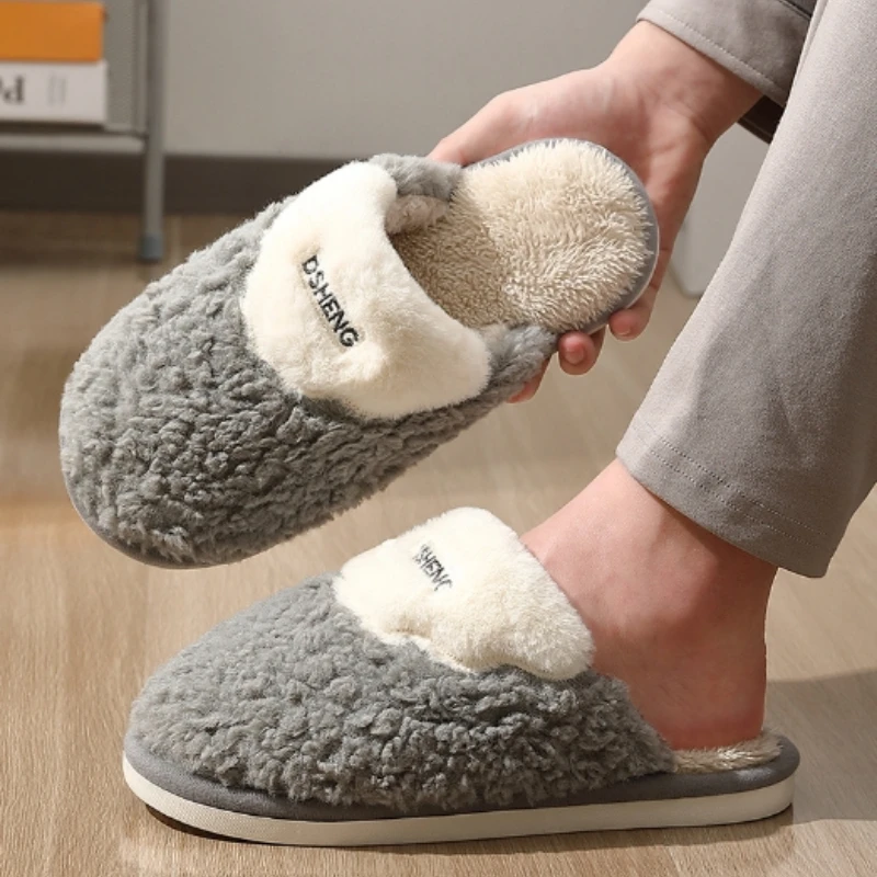 Winter Indoor Poop-feeling Cotton Slippers for Men At Home Non-slip Soft Sole Warm Plush Cotton Slippers for Men