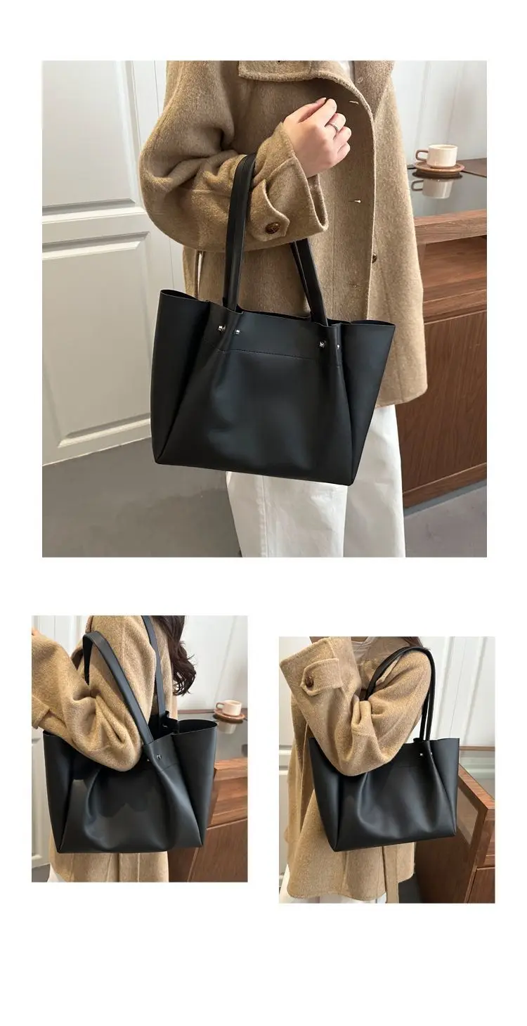 Large Capacity Tote Bag Women's New Retro Versatile College Student Texture Class Travel Commuting PU Bag