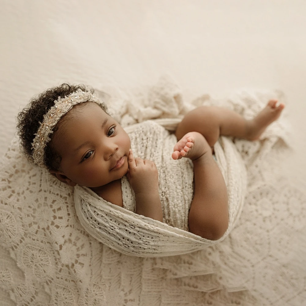 Beige Lace Pom Pom Newborn Photography Wrap Blanket Soft Bubble Lace Swaddle Prop for Professional Studio Baby Photos image 2