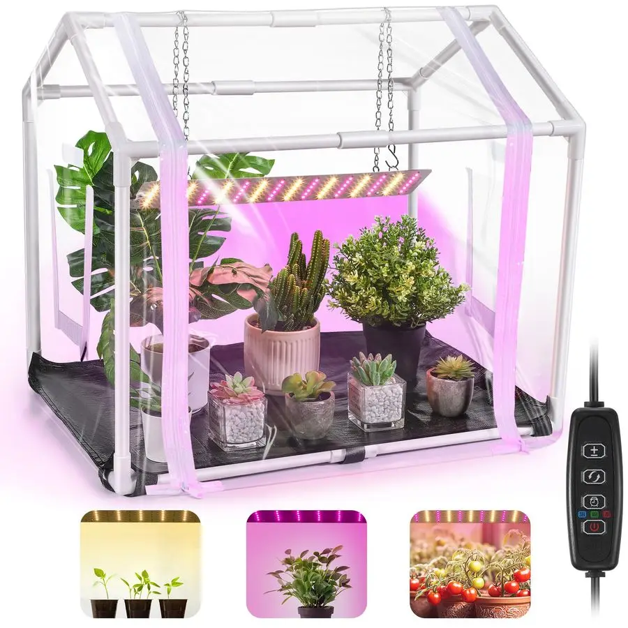 

Mini Greenhouse for Indoor Outdoor, 23.6L x 15.7W x 19.6H Portable Greenhouse with Waterproof Bottom Mat, Timer, 3 Light Color M