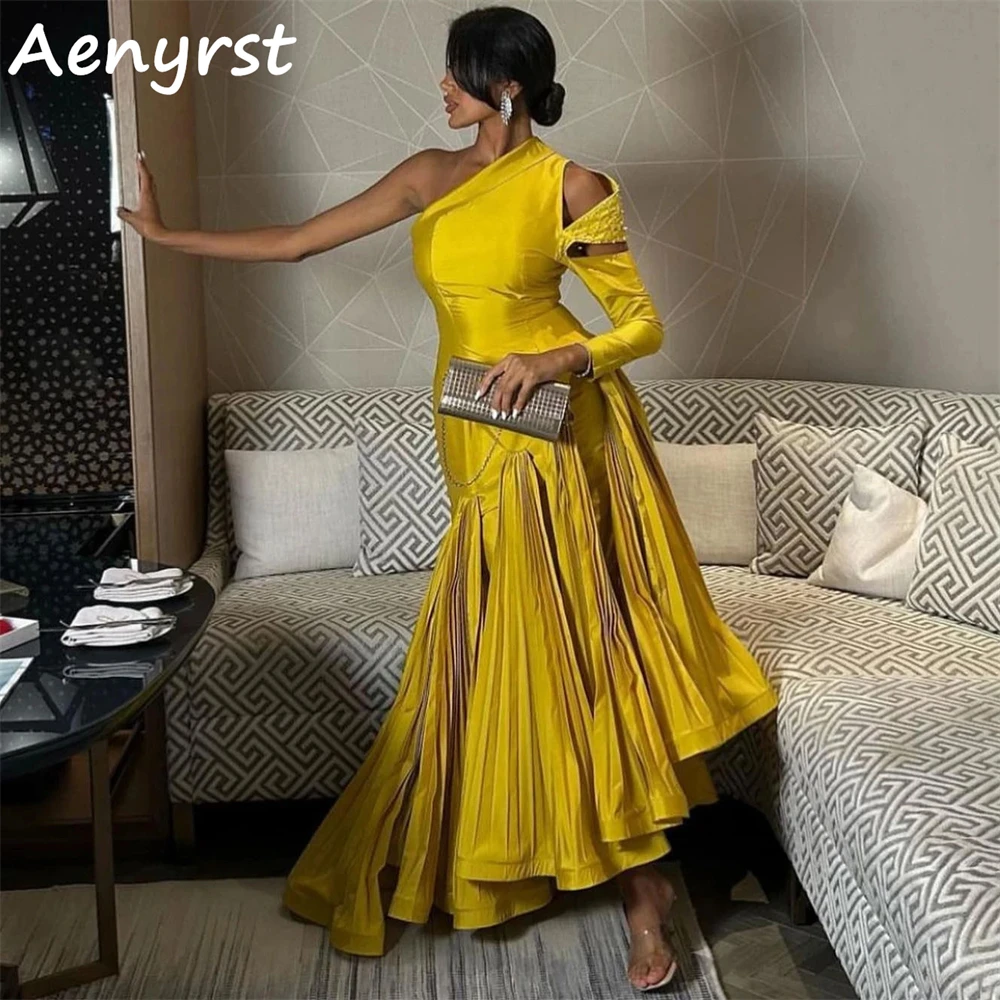 Aenyrst-vestido de noche amarillo de un hombro, traje de sirena de Arabia Saudita, satén drapeado, para baile de graduación, hasta el tobillo, Formal, para ocasiones