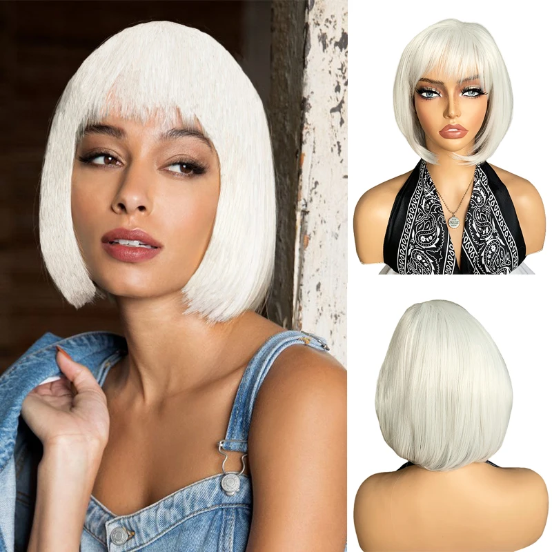 10inch Short Straight White Hair Cool Bob Synthetic Wigs With Bangs For White/Black Women Heat Resistant Hair Cosplay Party Wigs