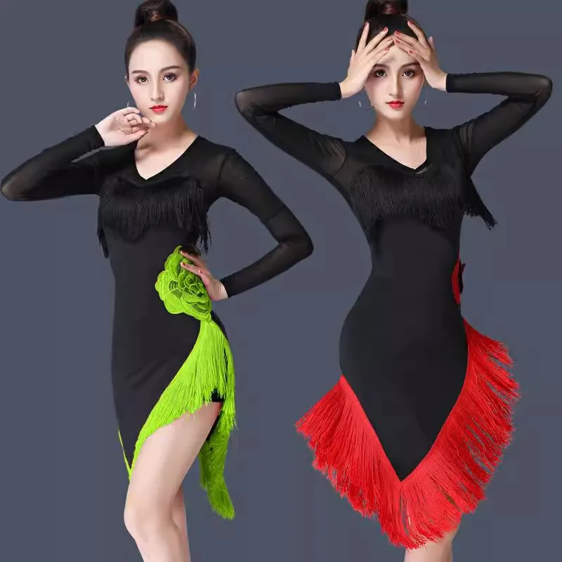 Vestido latino de manga comprida feminino, Flor vermelha, Saia de dança borla, Saia grande, Latina, Preto, Meninas sexy, Rumba, Traje adulto, 2023