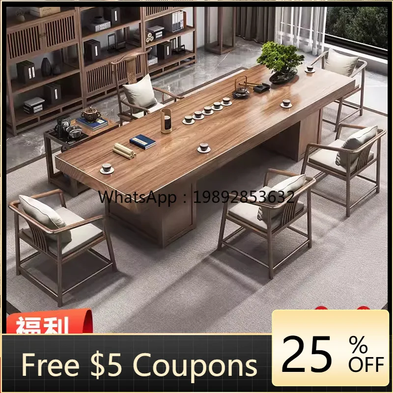 

LYY New Chinese Style Solid Wood and Chair Set for Home Living Room with Drawer and Tray Integrated Office Large Tea Table