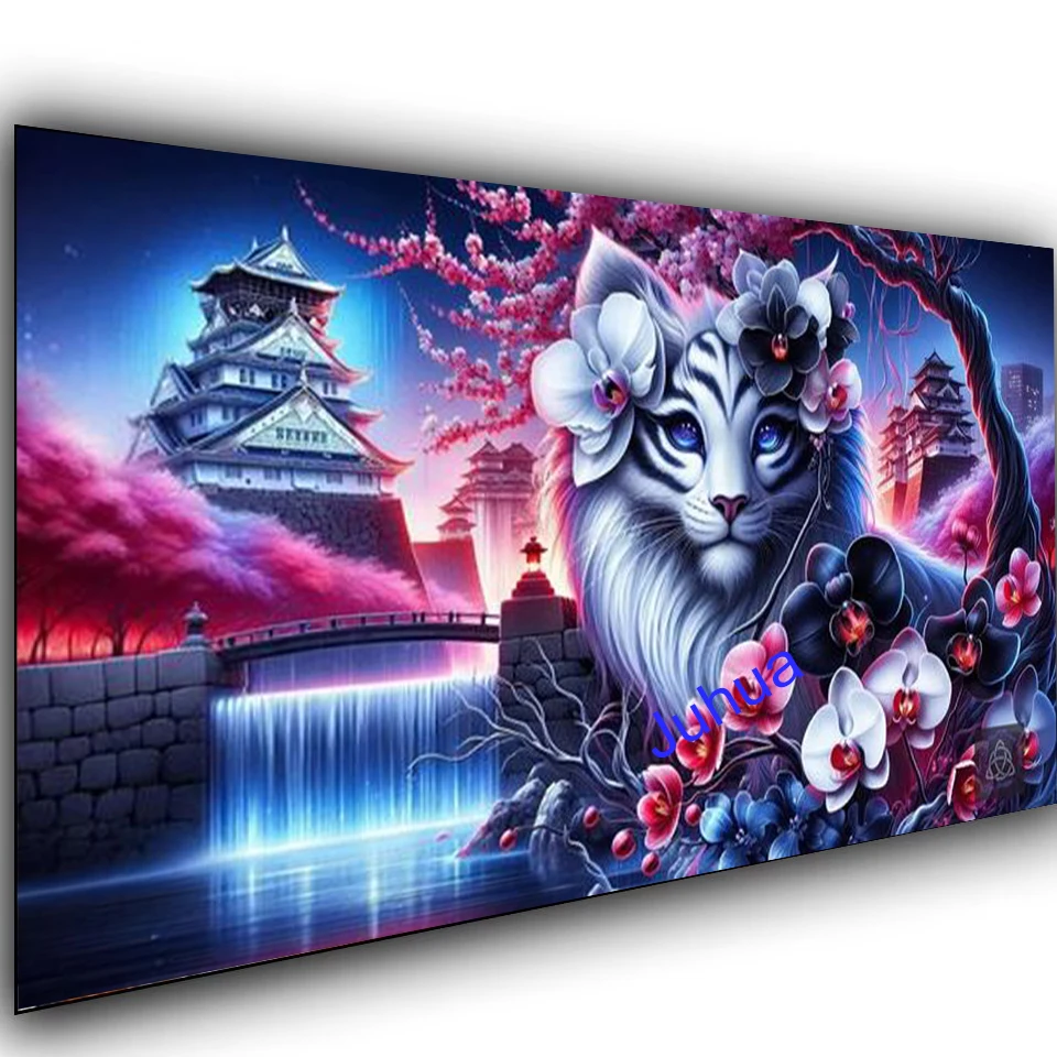 Vibrant Fantasy Black White Tiger Flowers Diy 5D Diamond Painting Surreal Japanese landscape Full Diamond Art Mosaic Craft Decor