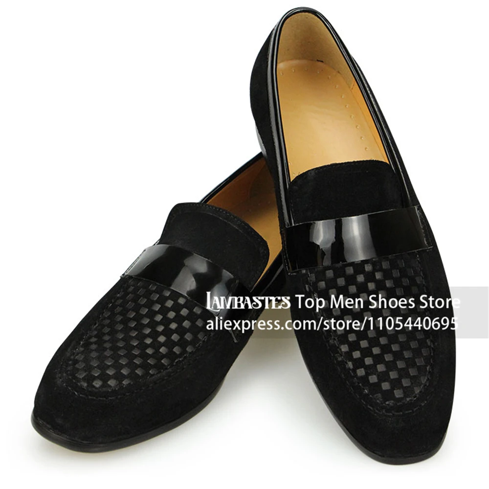 Men's Checkered Embossed Slip on Dress Shoes Glossy Patent Leather Vamp Strap Leather Shoes Light Luxurious Formal Wedding Shoes