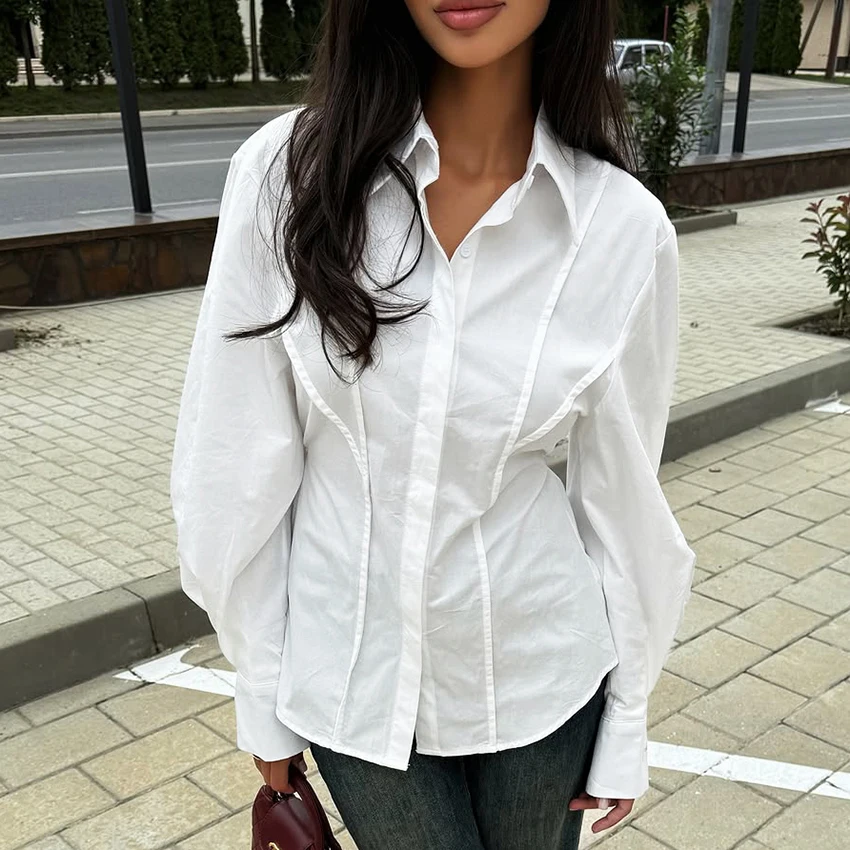 

Linad Street Chic White Lapel Woman Blouse 2026 Office Lady Pleated Single Breasted Shirts Female Spring Casual Long Sleeve Tops