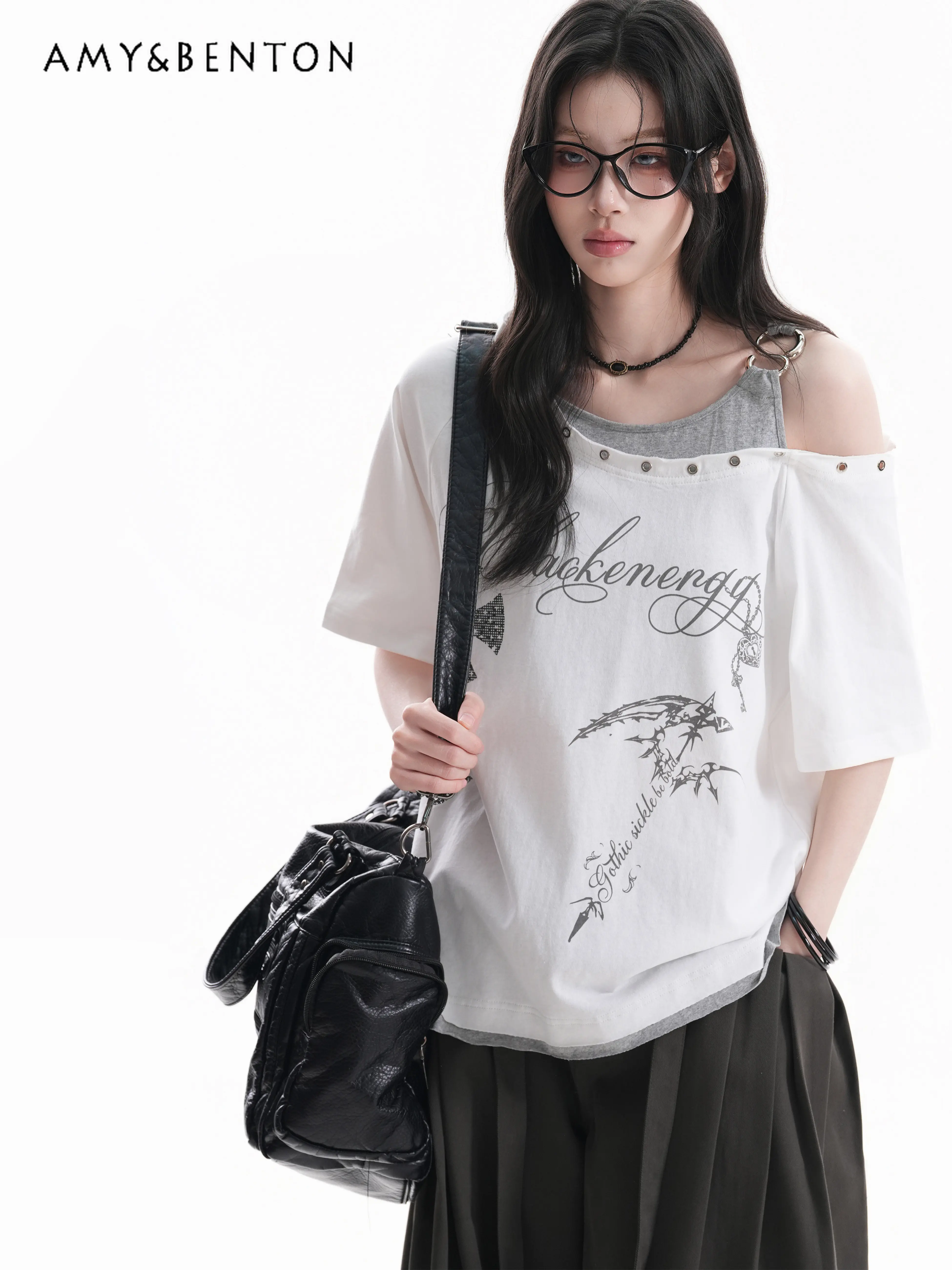 

Summer American Retro Street Style White Women Letter Print Loose Casual Fake Two Piece Camisole Short Sleeve T Shirt
