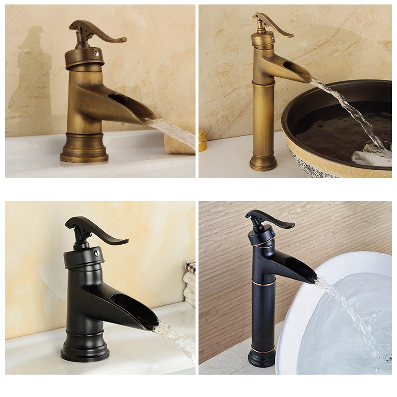 

Смеситель для ванной комнаты в античном стиле, черный бронзовый, с эффектом водопада, для раковины, однорычажный, для горячей и холодной воды