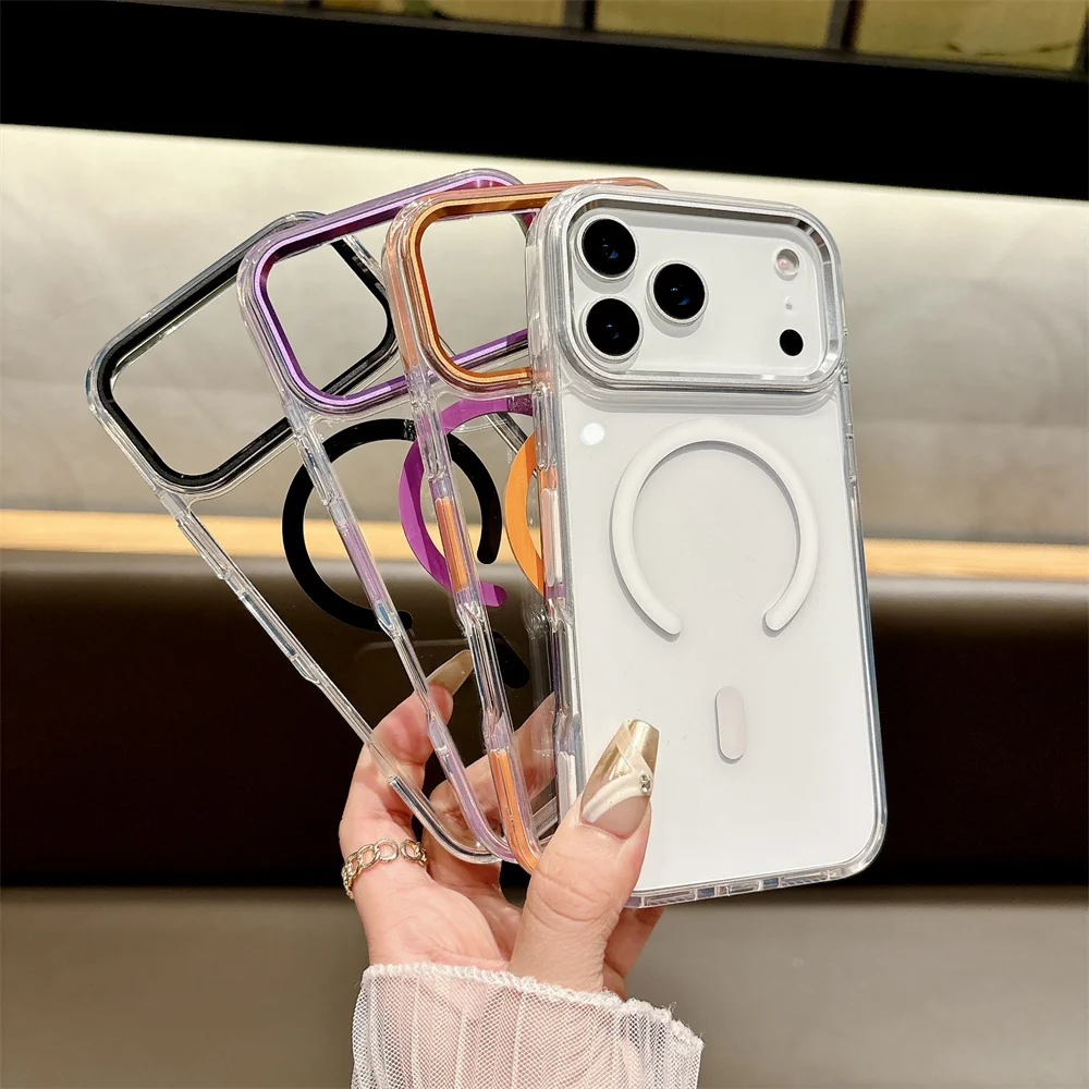 

Прозрачный противоударный чехол для телефона Magsafe для iPhone 17 Air 16e 16 15 14 Plus 13 12 11 Pro Max с магнитным ПК + задняя крышка из ТПУ