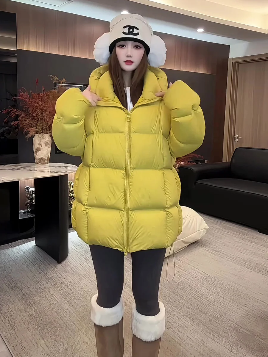 

Korean Sle Women's Mid-Length Hooded down Jaet Yellow Thiened White Du Feather Puff Warm Outerwear Winter New Arrival