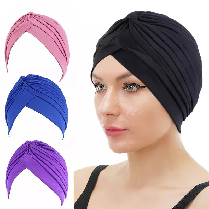 

Bandanas Women Stretchy Turban Muslim Hats Female Inner Hijab Caps Chemo Knot Solid Arab Indian Cap Bonnet Wrap Head Scarf Hat