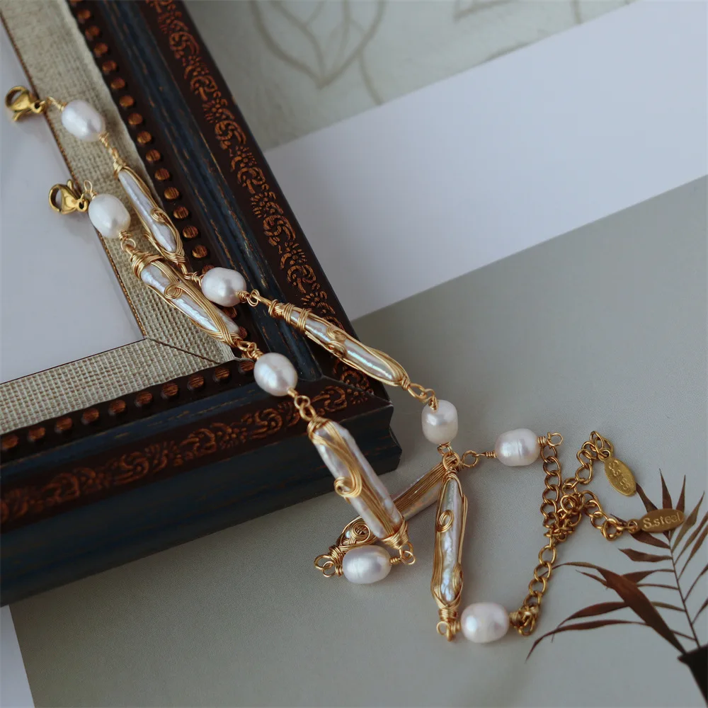 Trendy Heavy Industry Light Luxury Palace Style Hand-wound Natural Freshwater Long Baroque Small Bar Pearl Bracelet