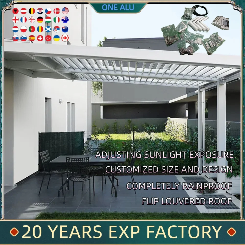 

Bioclimatic Aluminum Pergola Automatic flip louvered roof 3x4m/10x13ft with LED roller blinds gazebo canopy in garden yard