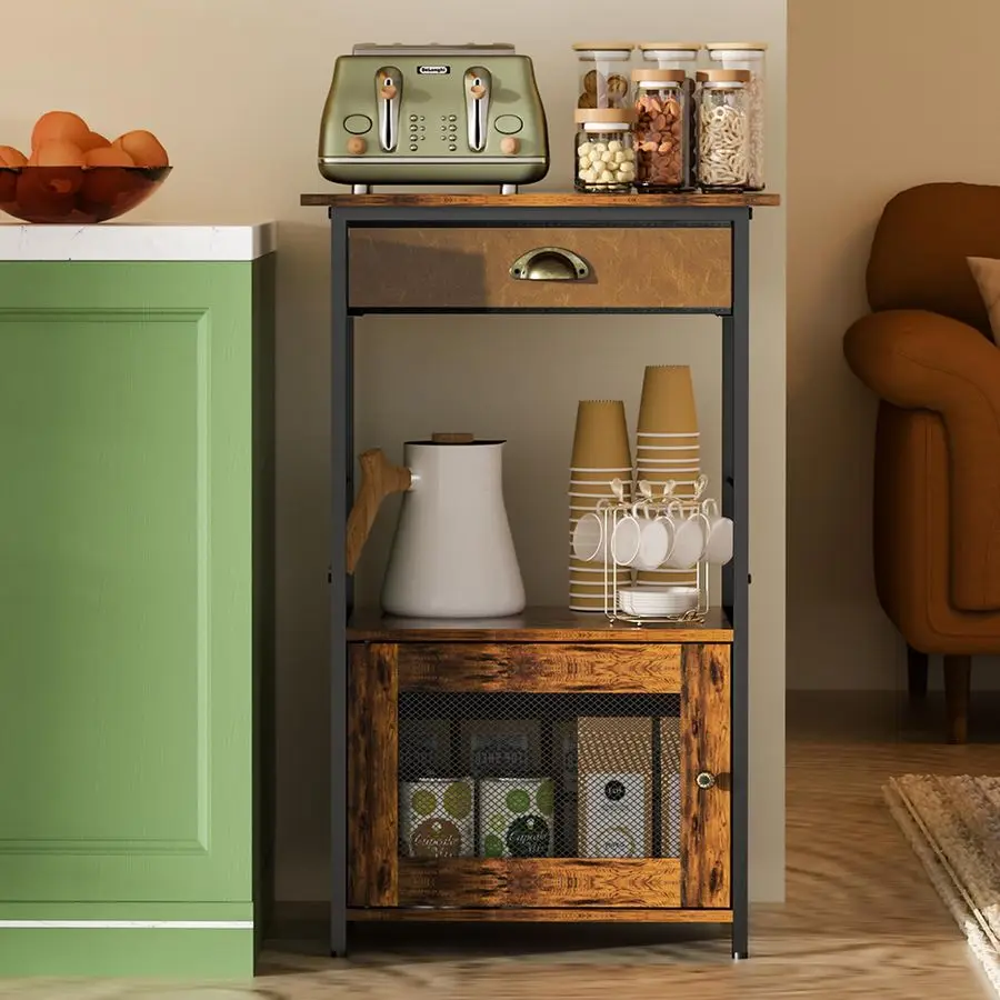 

Coffee Bar Station, 3Tier Small Coffee Stand Station with Storage, FarmhouseStyle Kitchen Microwave Stand Featuring 1Door Cabin