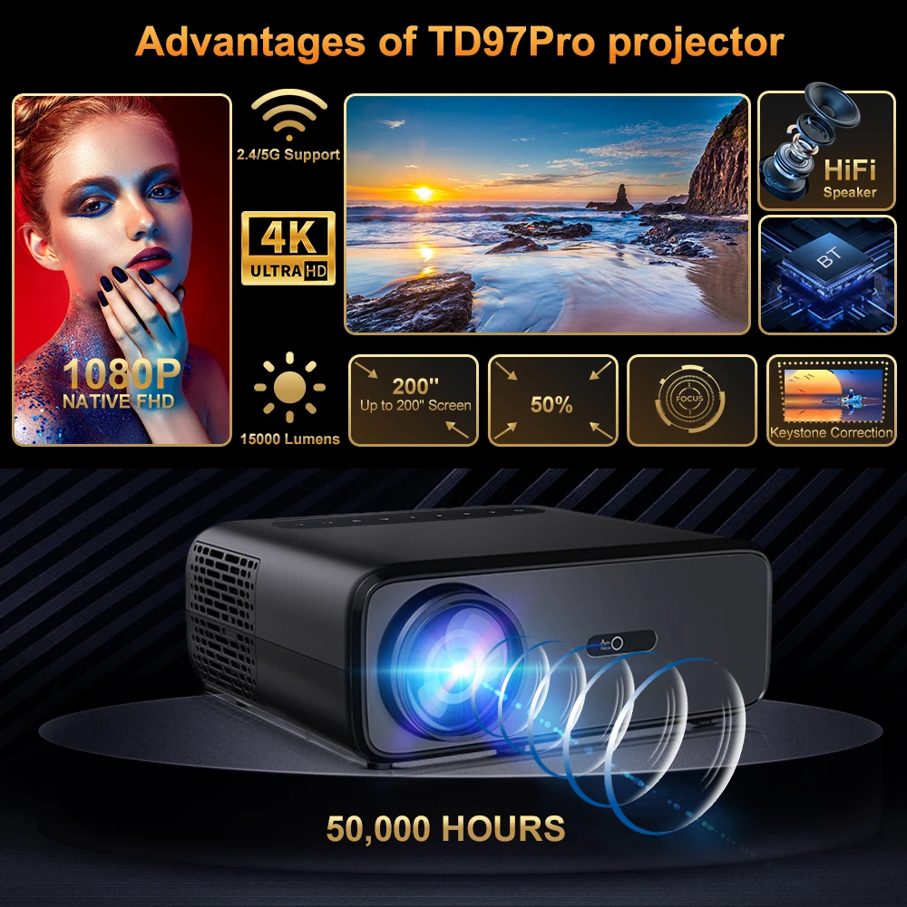 ThundeaL Full HD 1080P Proyector de vídeo 3D Proyector de pantalla grande TD97 Pro TD97Pro Proyector de cine en casa 4K Cine teléfono Beamer