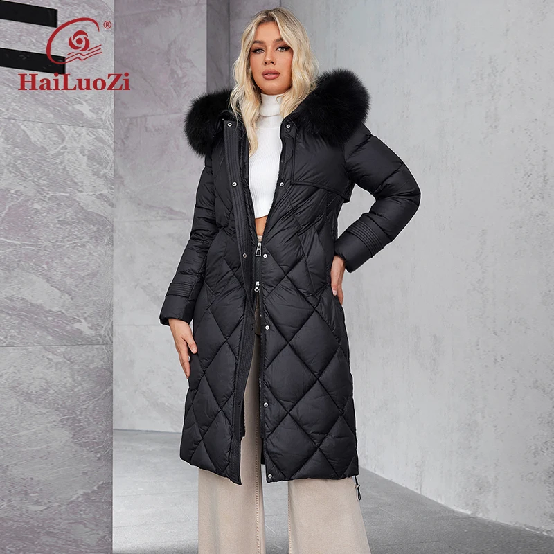 HaiLuoZi 2024 New Ladies Winter Cotton Hooded Fur Long Women\'s Parka Coat Elegancka pikowana kurtka damska z dużymi kieszeniami i paskiem 1311