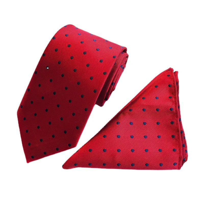 Hot Sale 2pcs Fashion Classic Suit Accessories 8cm Dot Polyester Tie 25*25CM Handkerchief for Men Neckties Hanky Pocket Square