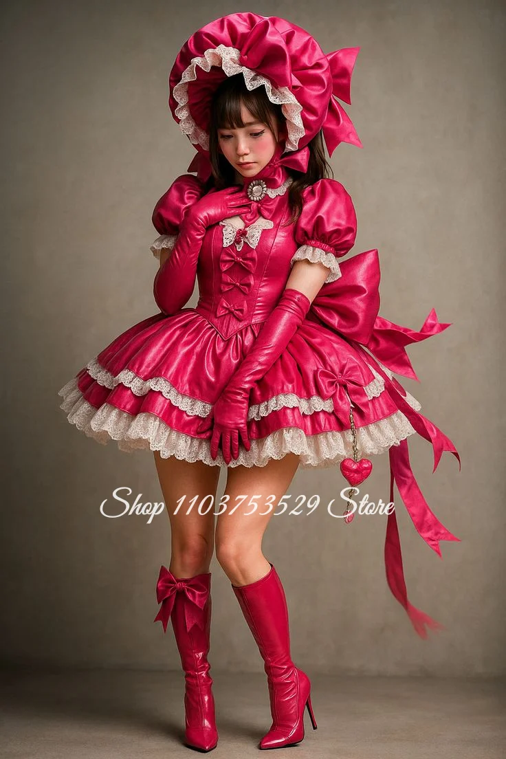 Maßgeschneidertes rosafarbenes PVC-Lolita-Ballkleid, süßes Spitzen-Barock-Kurzkleid, Partykleid, Fotoshooting-Kleid, Kleid für besondere Anlässe, Cosplay