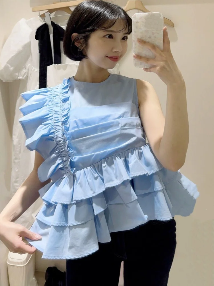 

Elegant Loose Pure Color Shirt B50TS109 with Pleated Lace Hemline Women's Casual Breathable Cotton Top for Business Commute