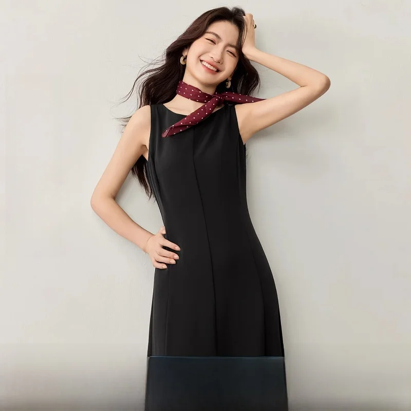 Simple Commute Women's Dress round Neck Slim Fit Sleeveless Fish Tail Black Dress Polyester Fiber City Commute Suitable