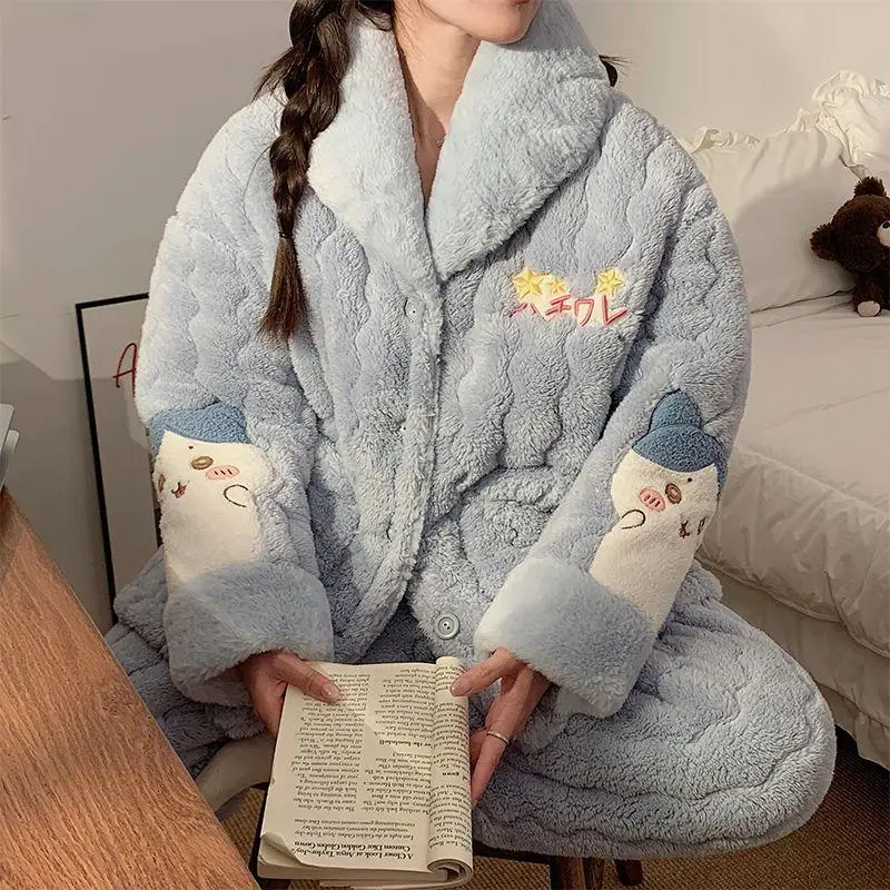 Hot Miniso Coral Fleece Fur Collar Thickening Three Layer Cotton Pajama Set Kawaii Hachiware Girl Winter Keep Warm Home Clothes