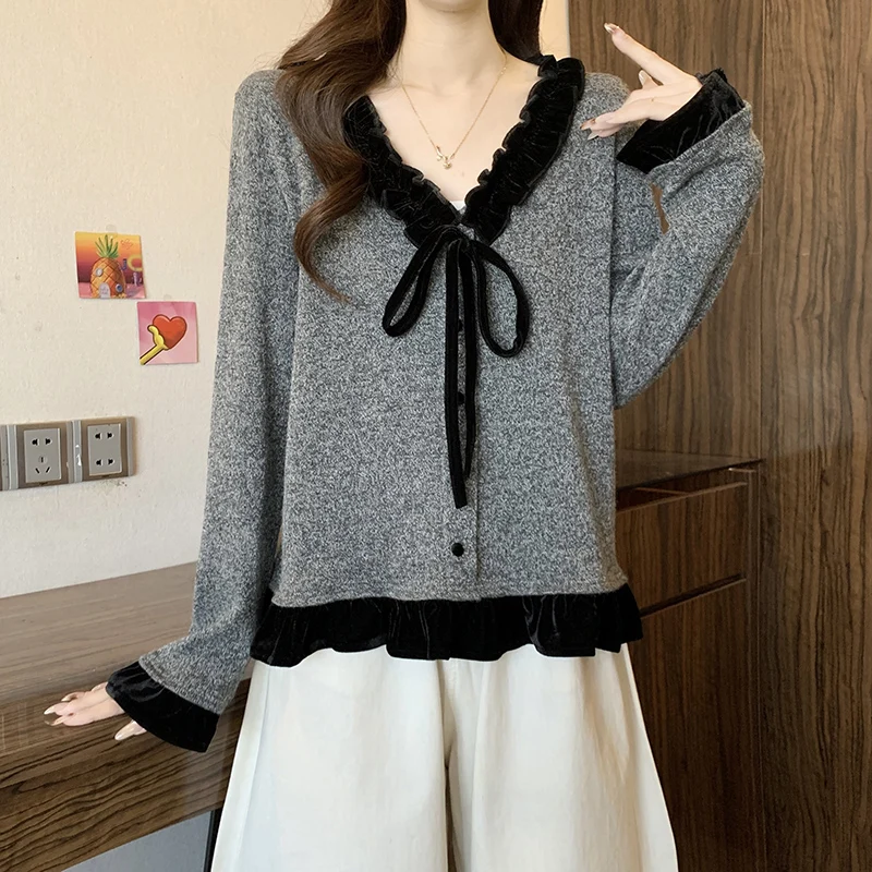 النمط الفرنسي موضة القوس سترة برقبة على شكل v 2025 المرأة الخريف جديد ريترو المخملية تقسم الكشكشة كم طويل البلوفرات تنوعا #3