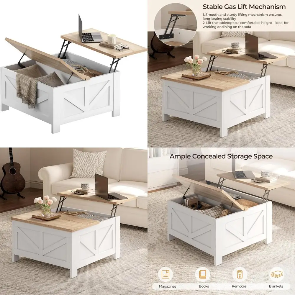 

Farmhouse Style Lift Top Coffee Table with Storage, Square Living Room Furniture, 31.5 Inches Center Table with Large Storage Sp