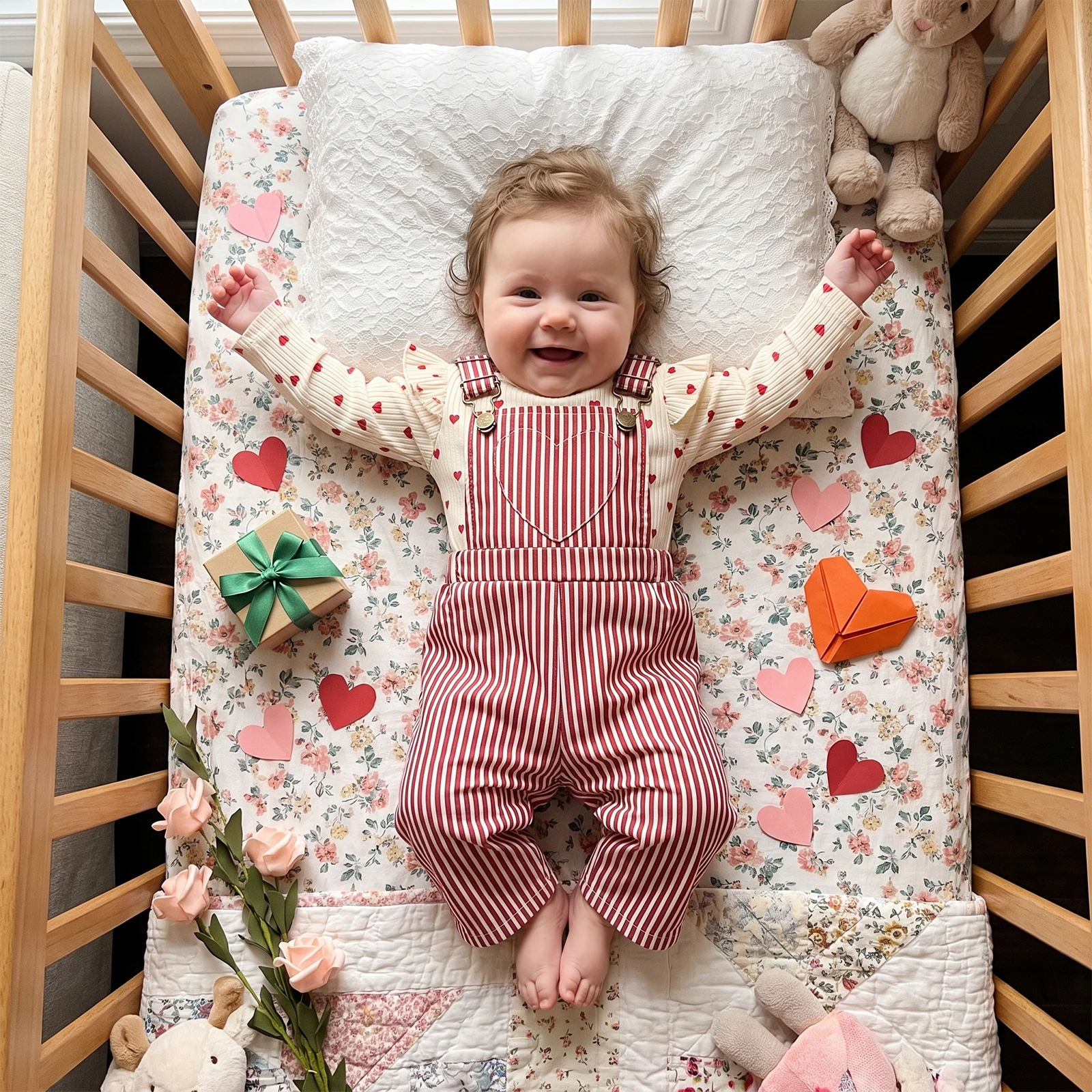 Baby Girl Fall Outfit Long Sleeve Heart Print Romper with Overall Pants