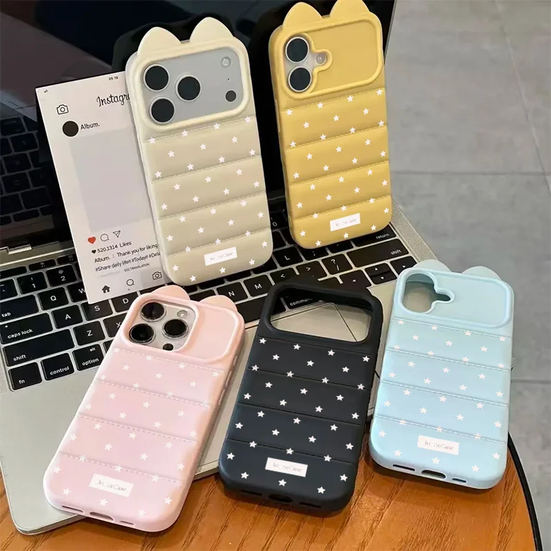Korean INS White Star Soft Phone Case For iPhone 17 16 15 Pro Max 16 15 14 Plus 11 12 13 Pro Max Cat Ear Lens Protection Cover view 5