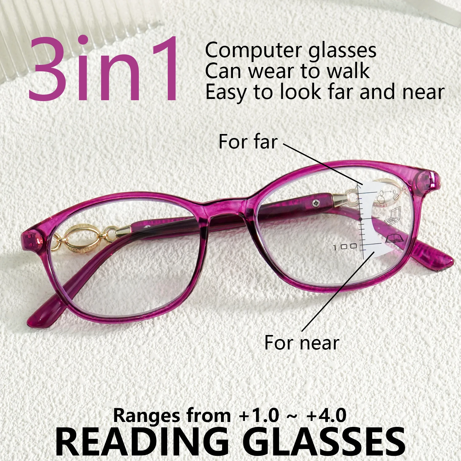Progressive Multifocal Reading Glasses (3-in-1 Function) +1.0 to +4.0,  Ultra-Light PC Frame, Unisex Design, Vision Correction