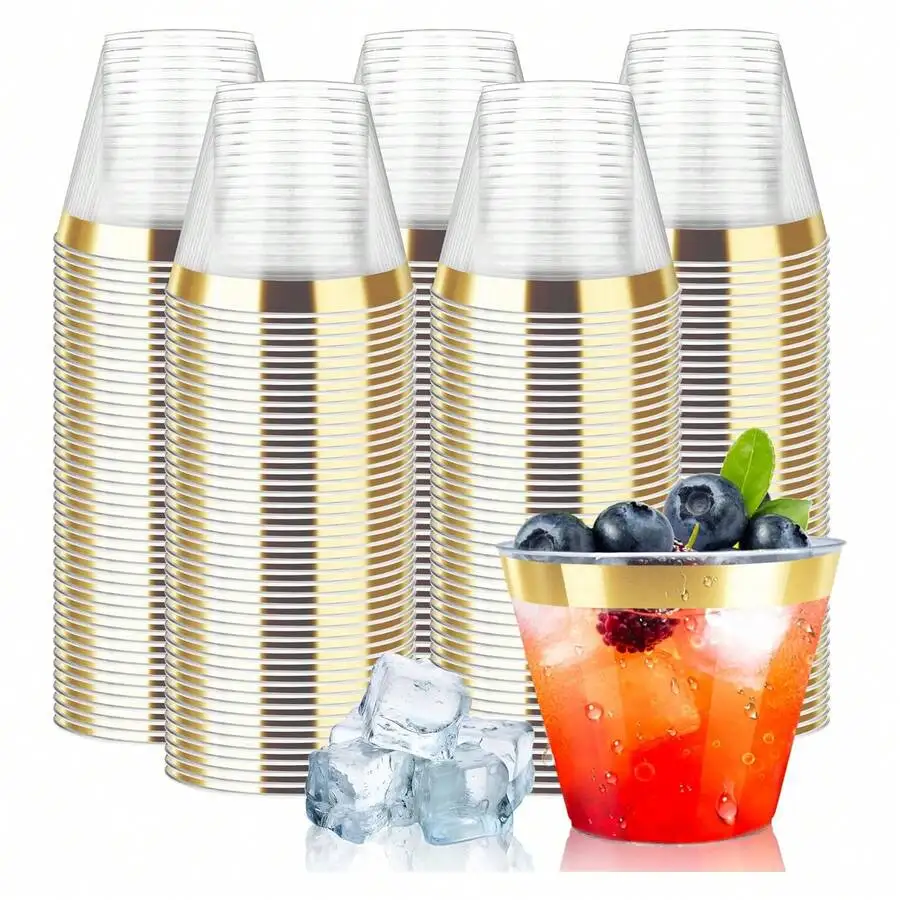 50PCS Gold Glitter Plastic Cups/Gold Plastic Cups, Disposable Cups Fancy Hard Glitter Cups/Gold Rimmed Disposable Wine Glasses F
