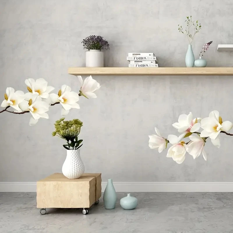 MT1181# 2pcs White Magnolia Wall Stickers, Contemporary Style, Vinyl Self-Adhesive Removable Decals for Living Room Bedroom