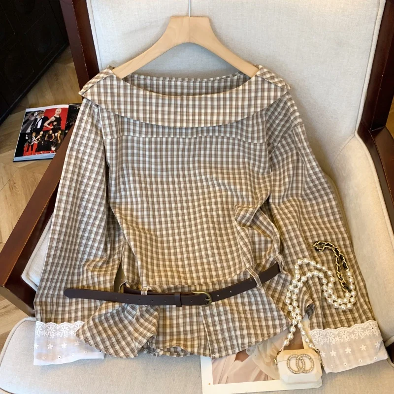 

Женские клетчатые рубашки и блузки Эстетический женский топ Y2k 2000-х годов Винтажная элегантная рубашка с длинным рукавом и вырезом на шее Одежда Осень 2025