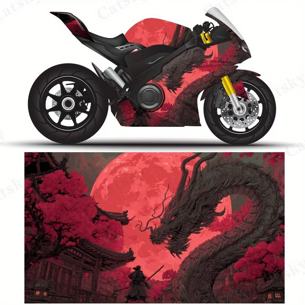 

Red Moon Dragon Samurai Motorcycle Vinyl Wrap, PVC Self-Adhesive Waterproof Motorcycle Sticker, Anti-Scratch Decorative Film for