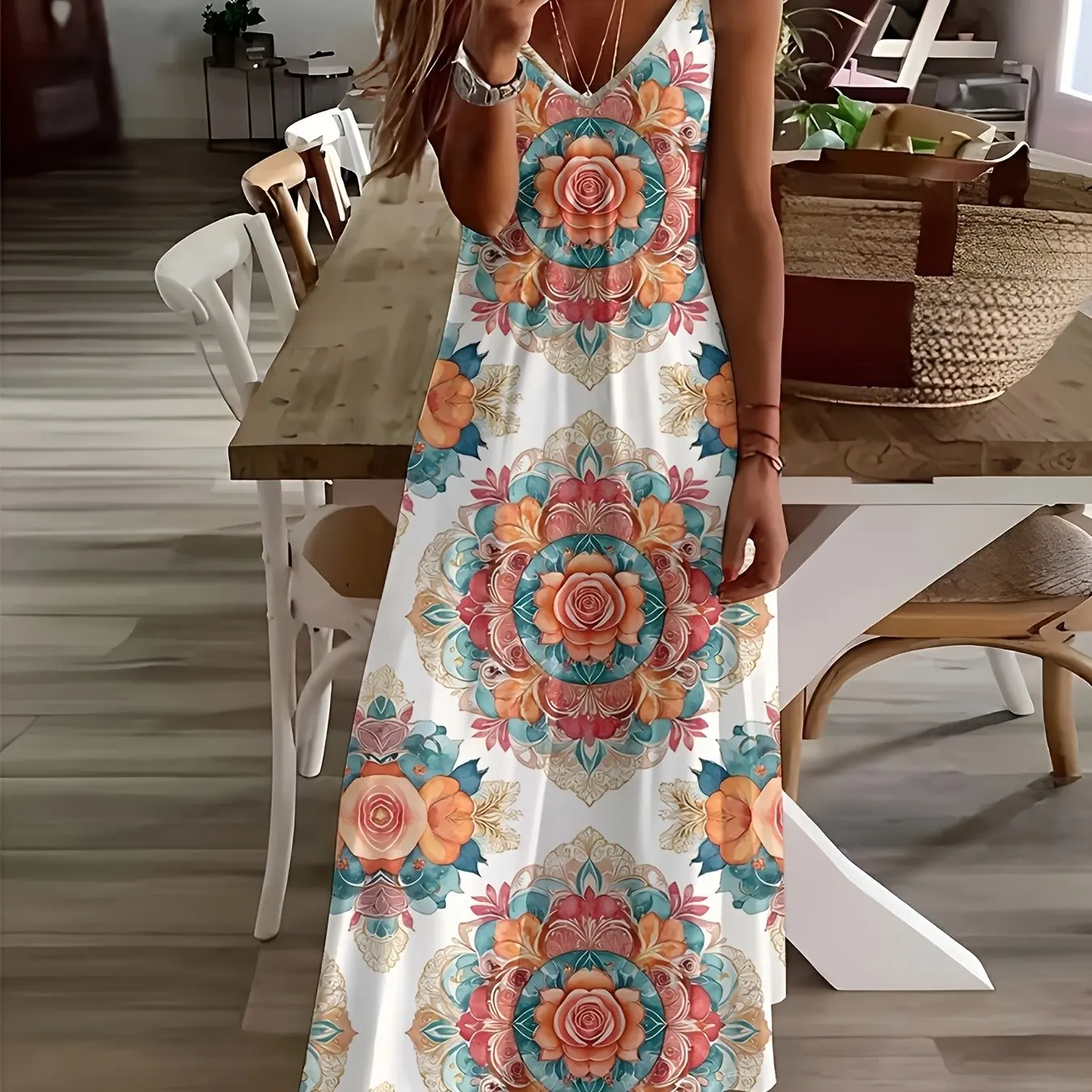 Women\'s Casual Fashion Loose V Neck Spaghetti Strap Dress Simple Flower Print Maxi Dress Summer Beach Vacation Maxi Dress
