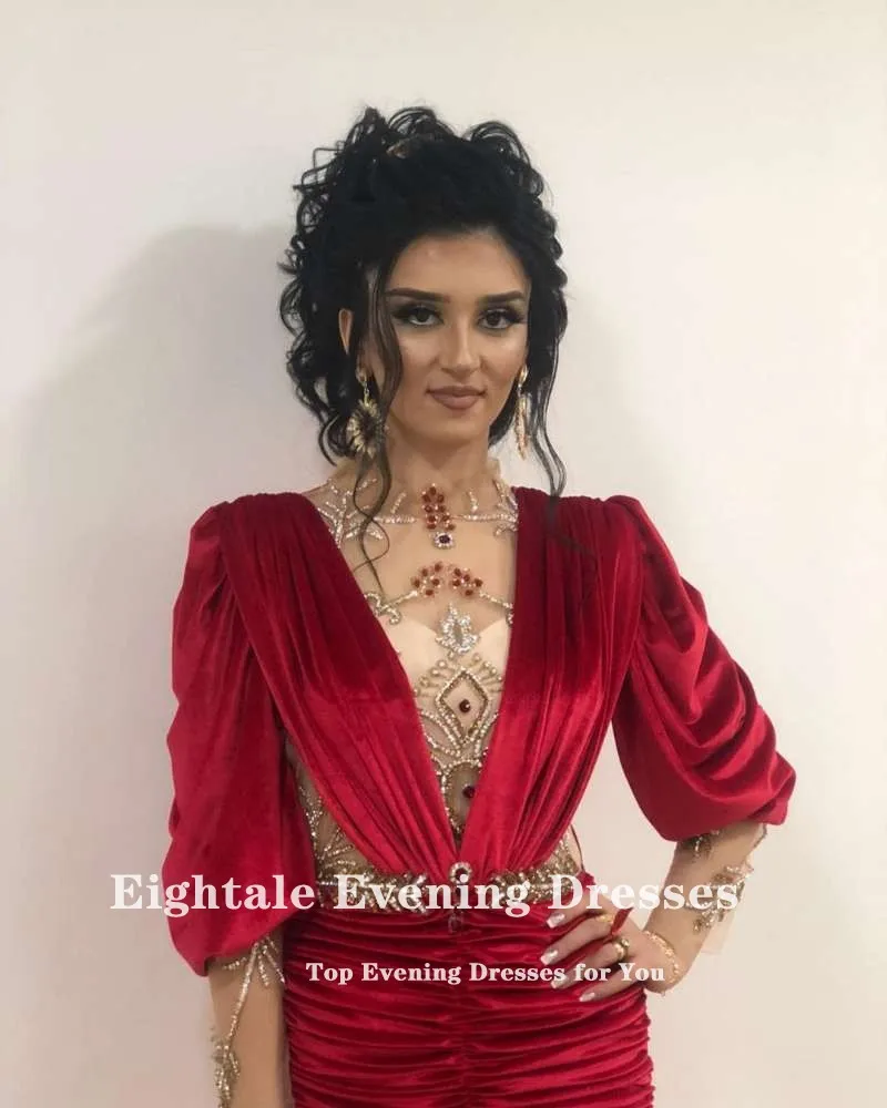 Eightale Velvet Evening Dresses Dubai High Neck Beaded Long Sleeves Kaftan Red Pleats Arabic Prom Gown Mermaid Party Dress 2022